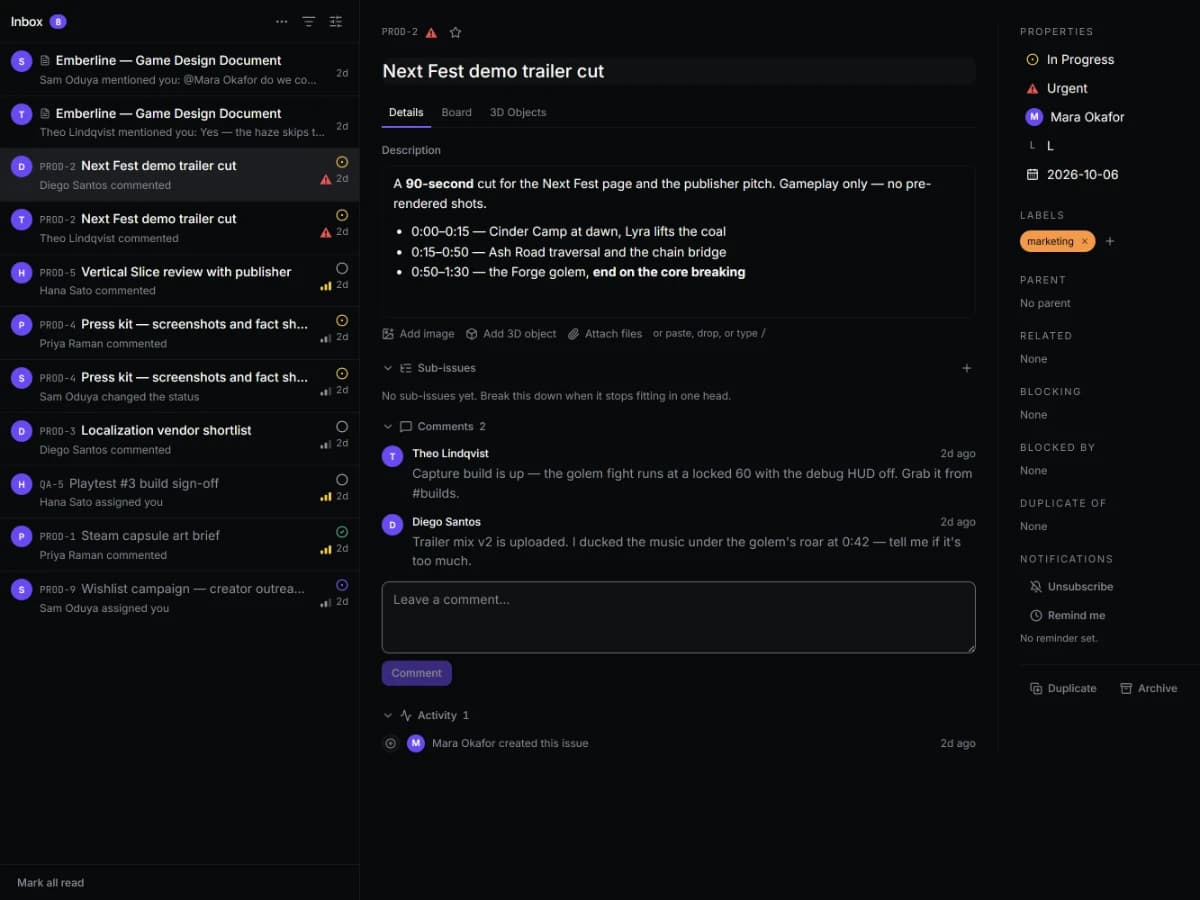 The inbox with unread notifications and one open beside the list.
