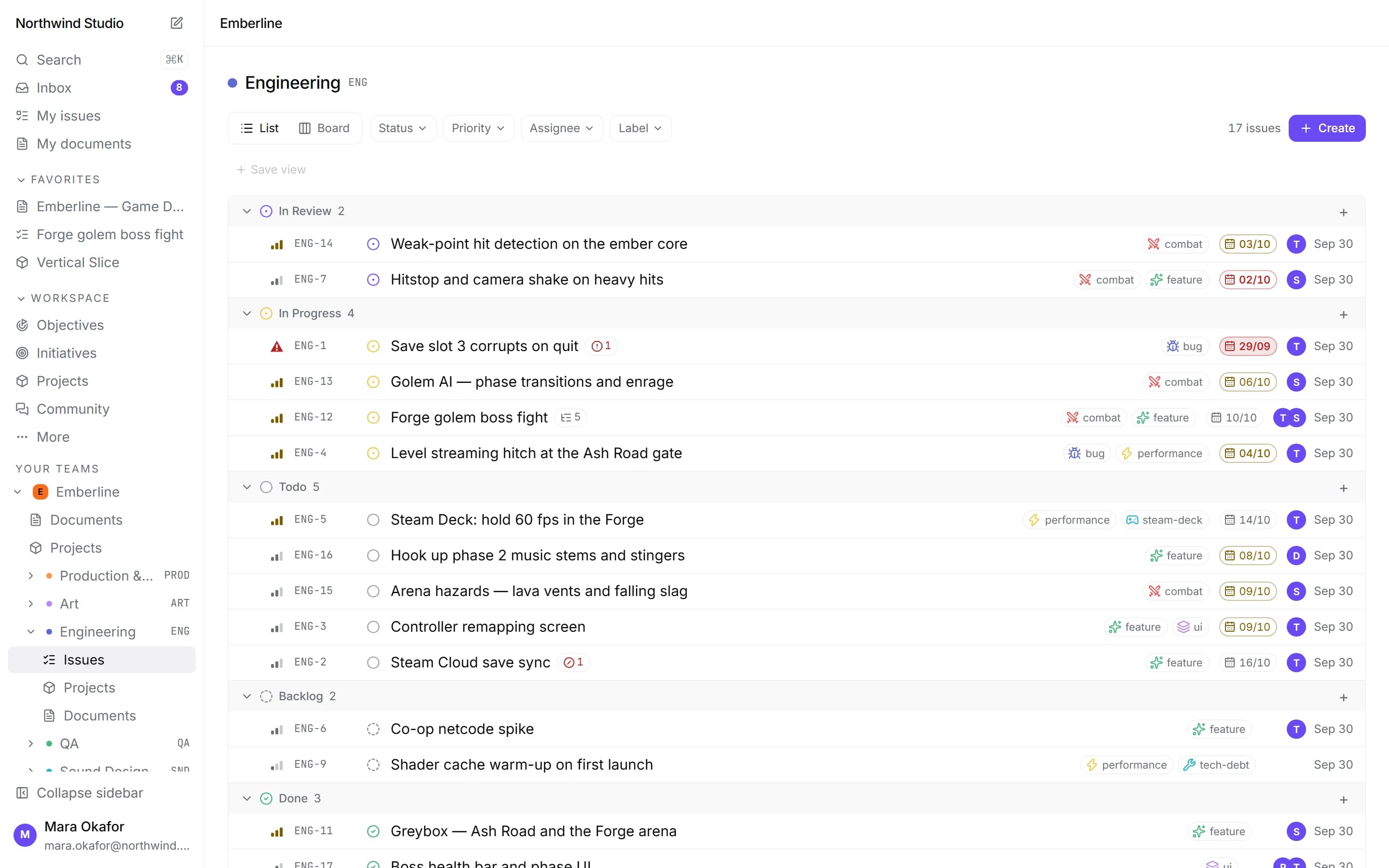 LevelGrid showing a team’s issues grouped by status, with priorities, labels, assignees and due dates, and the studio’s games and teams in the sidebar.